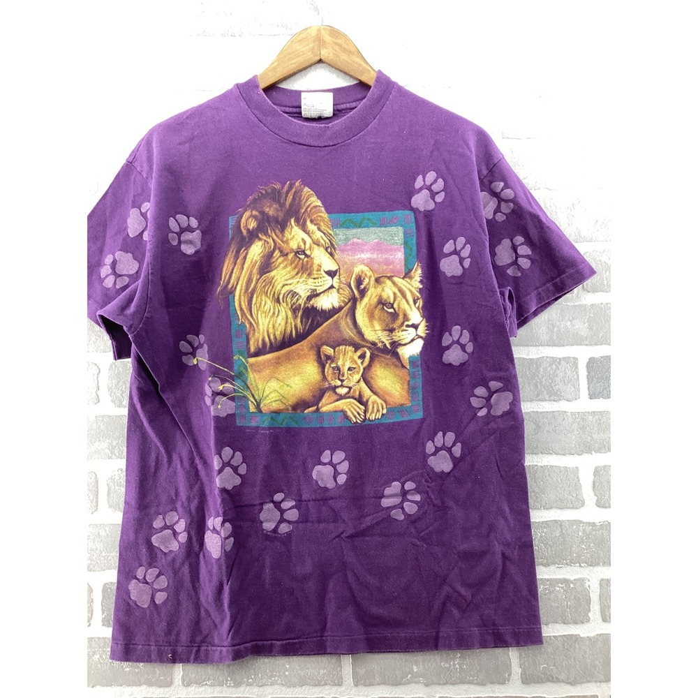 Vintage 90s Hanes Beefy-T Lion Family Paw Print Graphic T-Shirt Purple Large USA